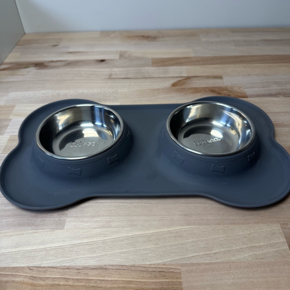 Frisco Double Stainless Steel Dog Bowl Set with Grey Silicone Mat